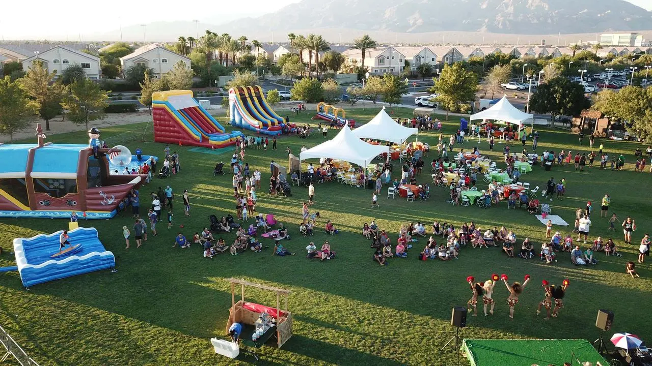 Outdoor company picnic with inflatables, pirate ship, surf simulator, and stage entertainment in Las Vegas