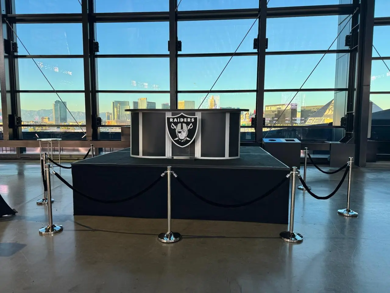 Chrome Stanchions Black Velvet Ropes Raiders Reception Desk Event Production Las Vegas